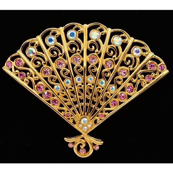 Givenchy Vintage Crystal Fan Pin Brooch Pink AB Rhinestone Gold Signed 80s BinB - Picture 1 of 12